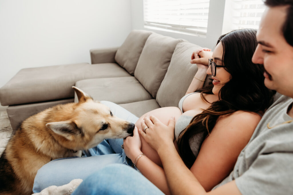 maternity session at home with dog Southern California candid couple bump photos